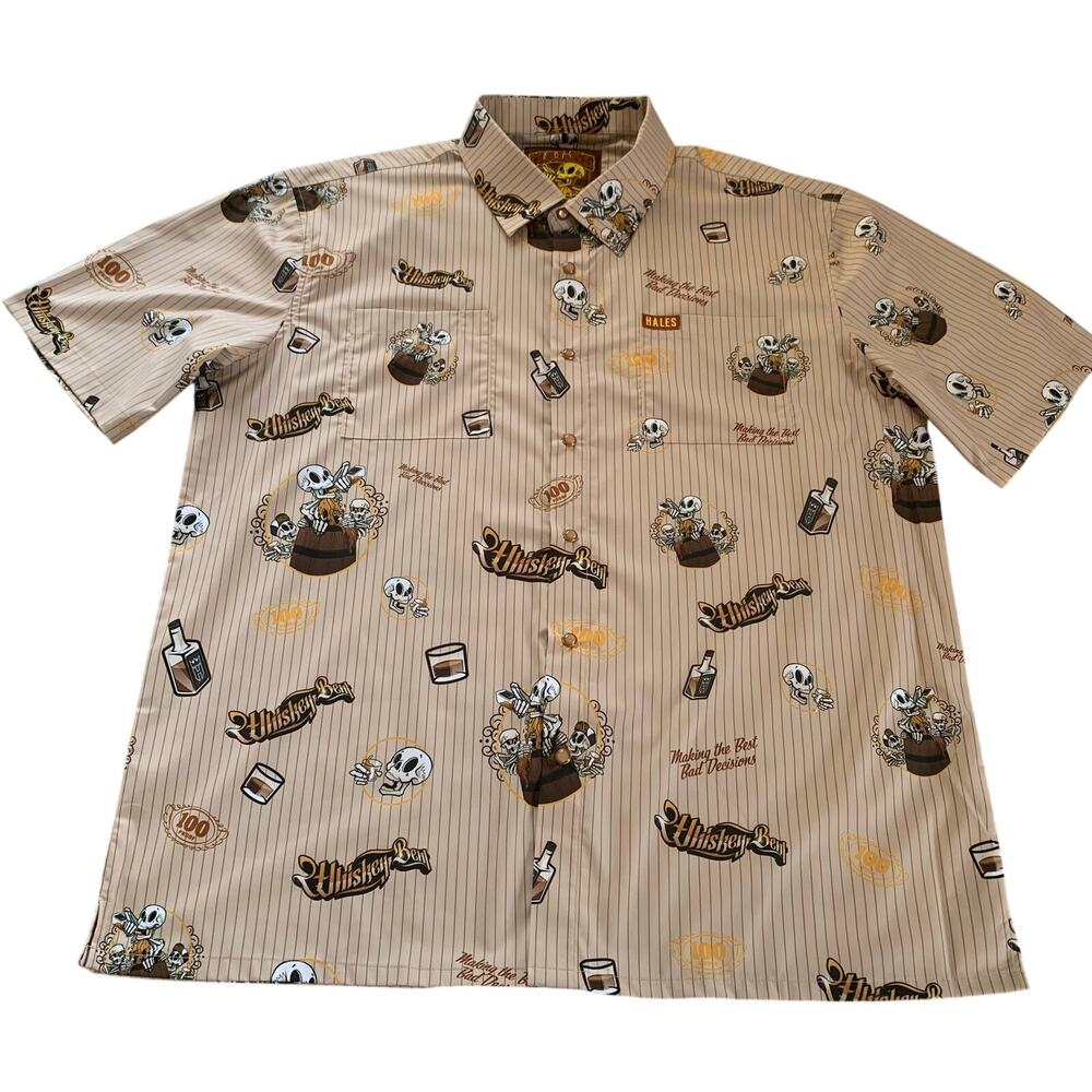 Hales Whiskey Bent Button Up Shirt Polyester Skull Whiskey Barrel Short Sleeve